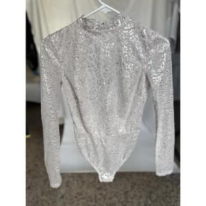 New Victoria Secret Lace Bodysuit Dream Angel Top Sparkly Silver Pink Sz Small